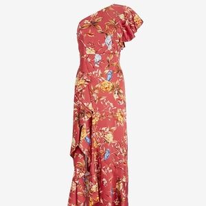 Express Floral Print Satin One Shoulder Ruffle Maxi Dress